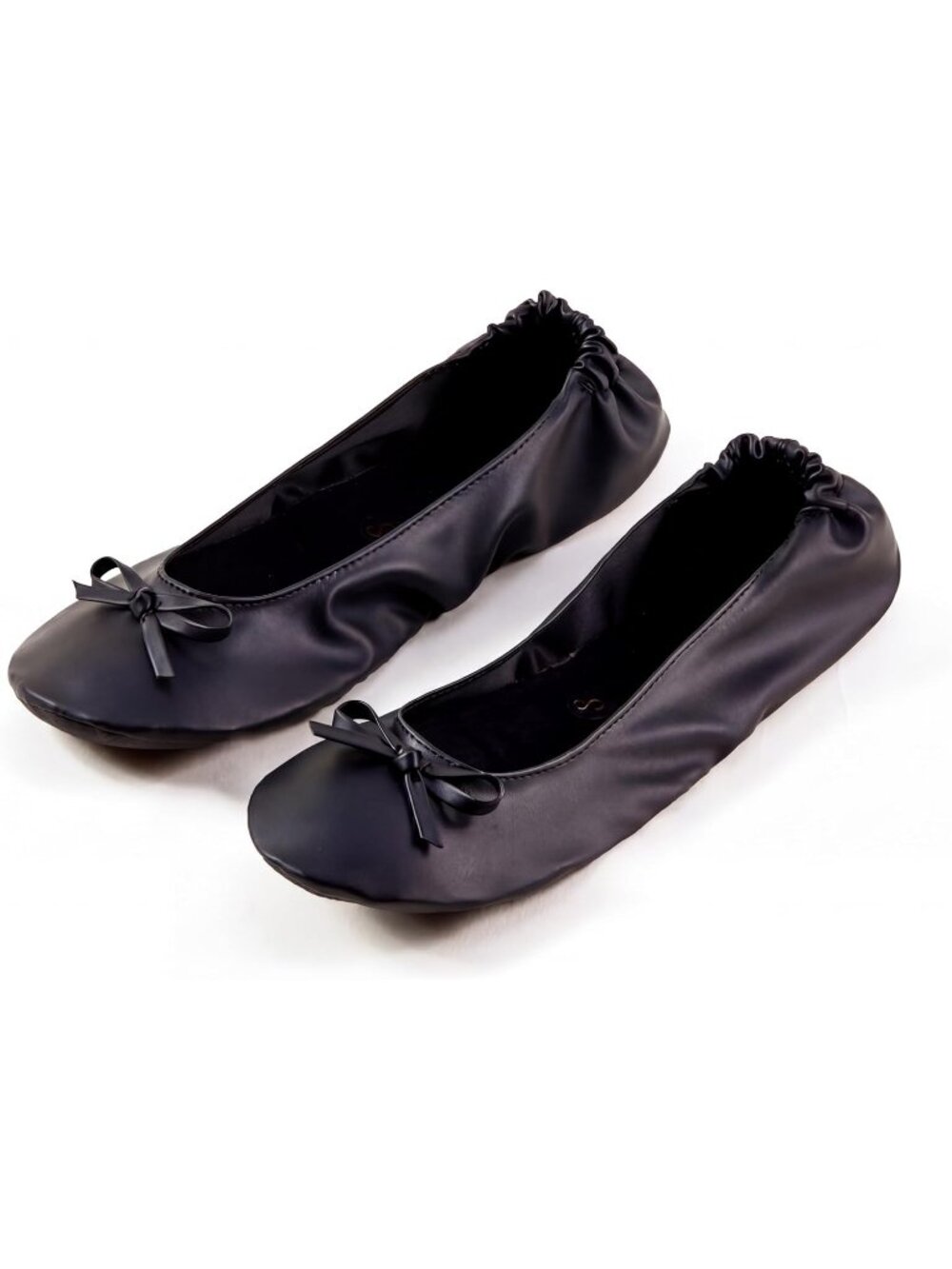 Women's Black Leather Foldable Ballet Flats Roll Up Travel Shoes With Pouch
